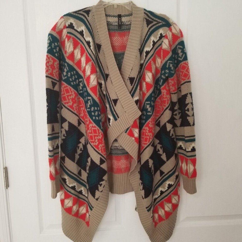 On Twelfth Aztec Print Open Front Sweater Size Large Teal Red Tan